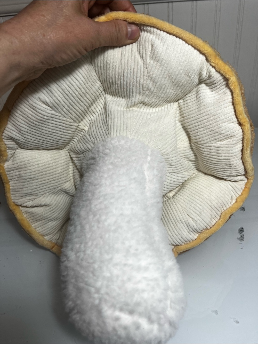 Plush Mushroom Decor Cottagecore Sherpa Corduroy Yellow Gold Toadstool Pillow - Picture 7 of 13